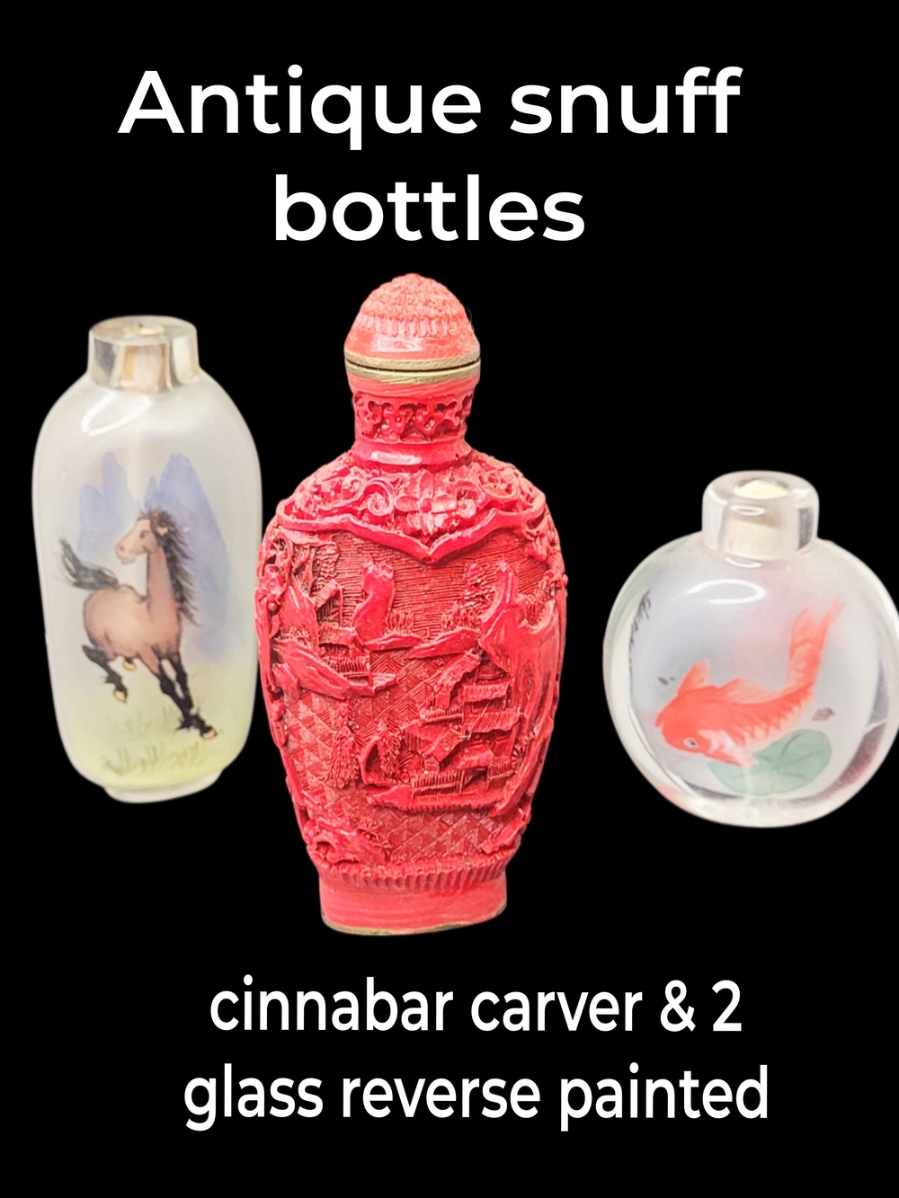 Antique Cinnabar Carved Red Snuff Bottle with Two Reverse Painted Glass Bottles